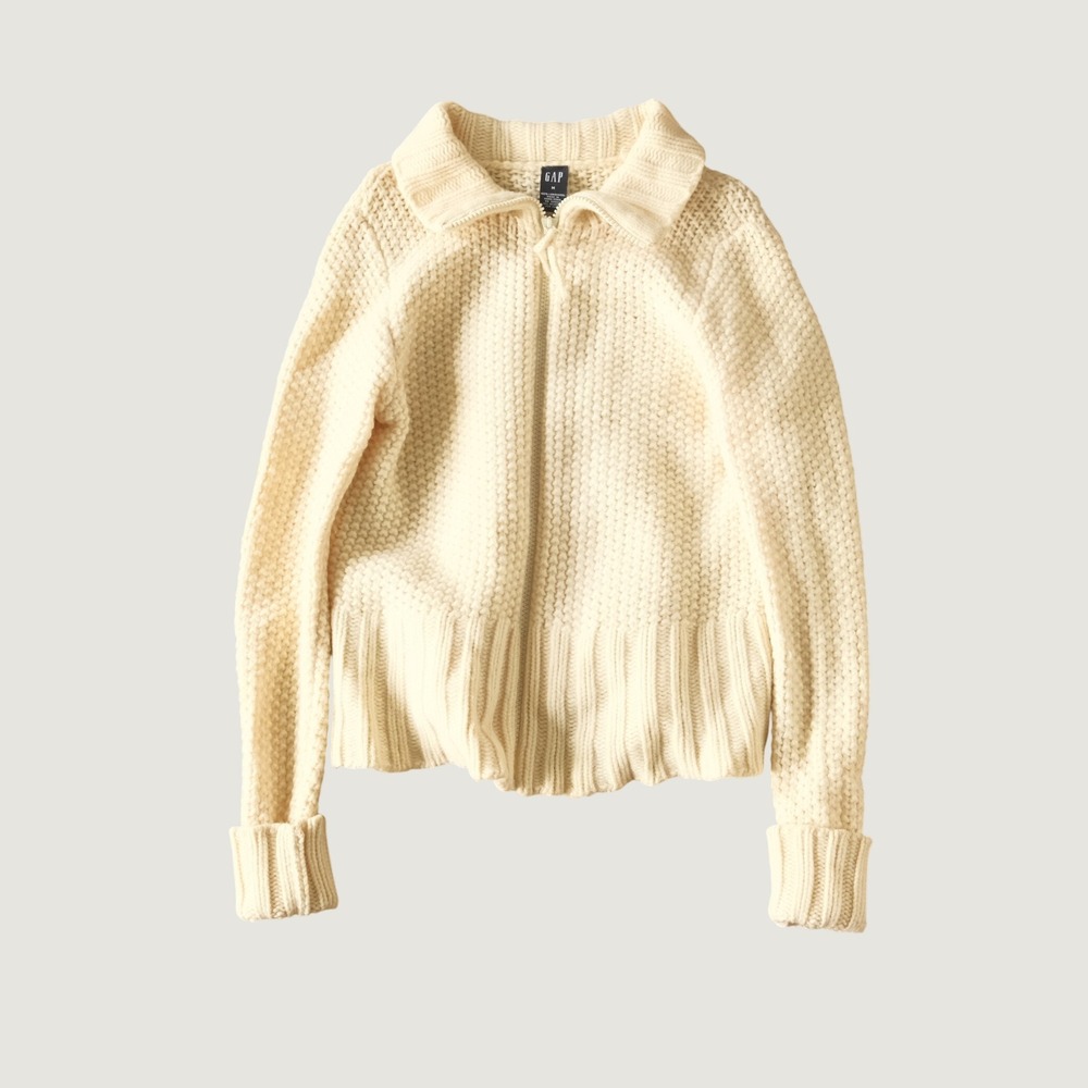 Gap Cardigan Sweater Full Zip Cream 100% Lambswool Popcorn Knit Size M Vintage